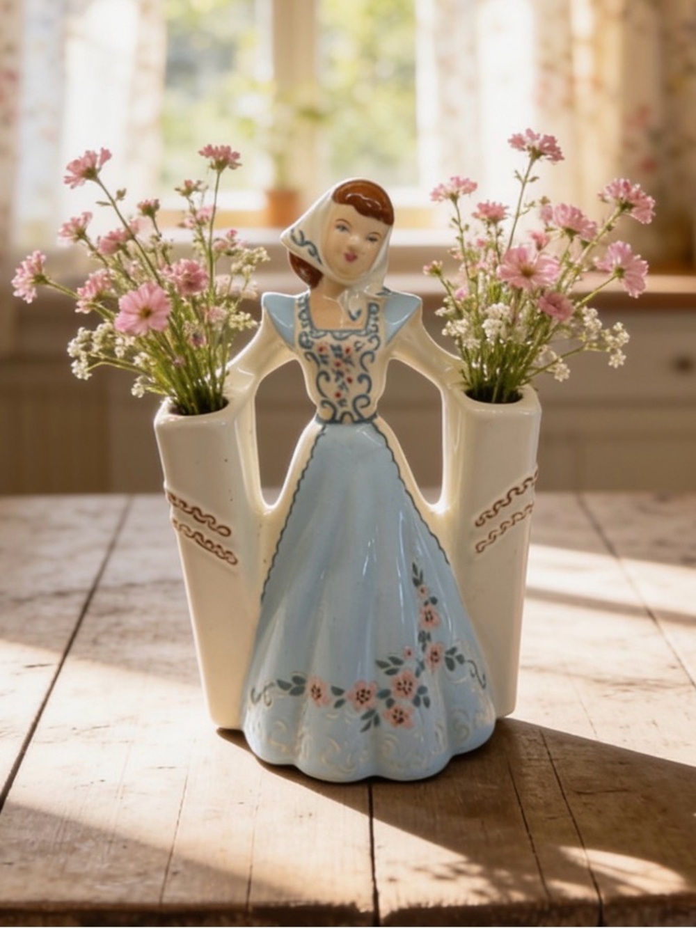 Weil ware Antique Ceramic, Lady In The Garden, Flower Vase